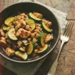 Delicious Chicken Zucchini Stir Fry served in a colorful bowl
