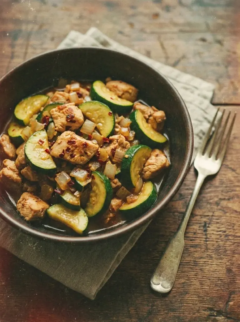 Delicious Chicken Zucchini Stir Fry served in a colorful bowl