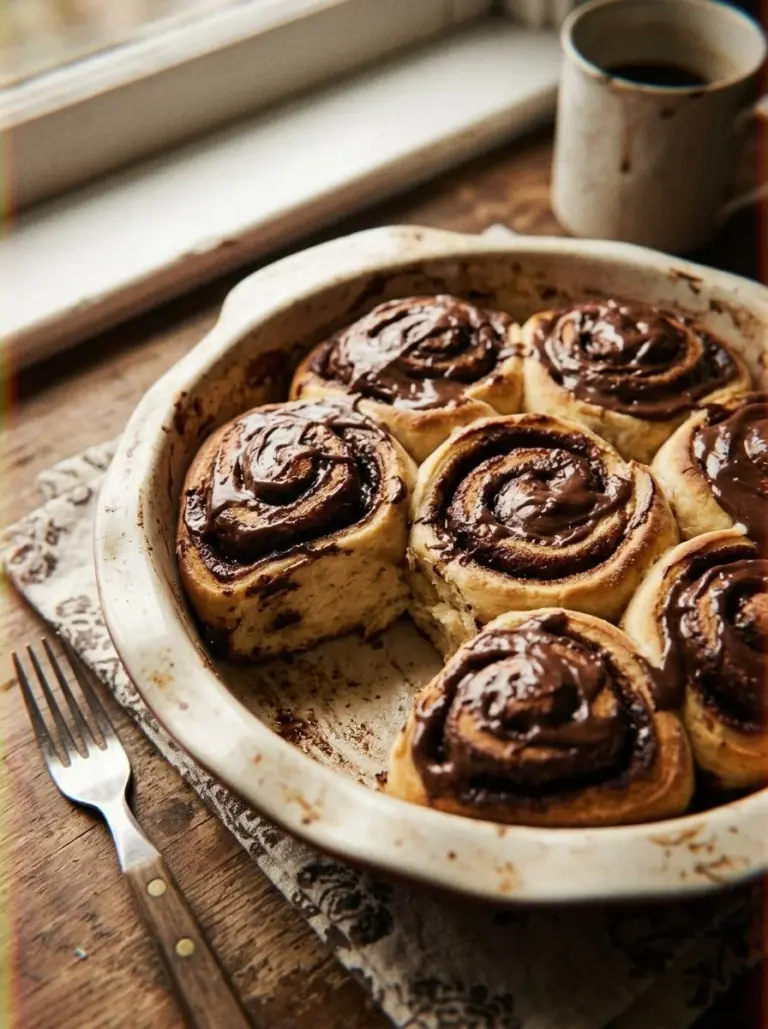 Freshly baked chocolate cinnamon rolls drizzled with chocolate glaze.