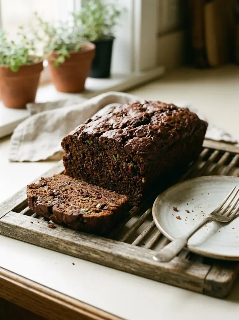 Moist and chocolatey chocolate zucchini bread slices on a plate.