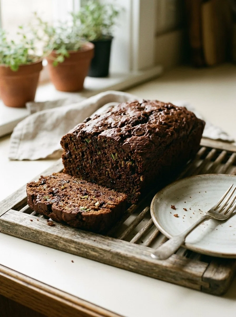 Moist and chocolatey chocolate zucchini bread slices on a plate.