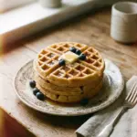 Delicious classic waffles topped with syrup and berries on a white plate