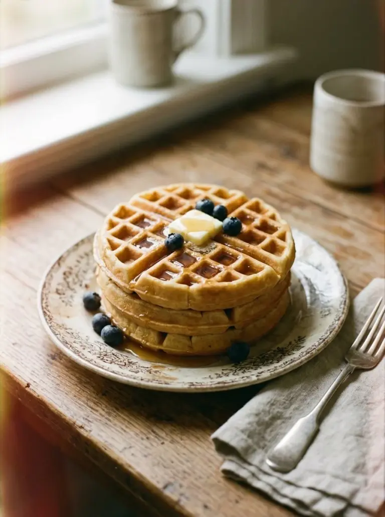 Delicious classic waffles topped with syrup and berries on a white plate