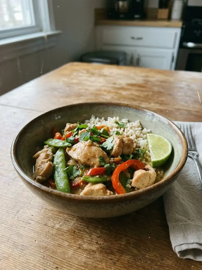 Coconut Chicken Rice Bowl garnished with fresh herbs and served in a bowl.