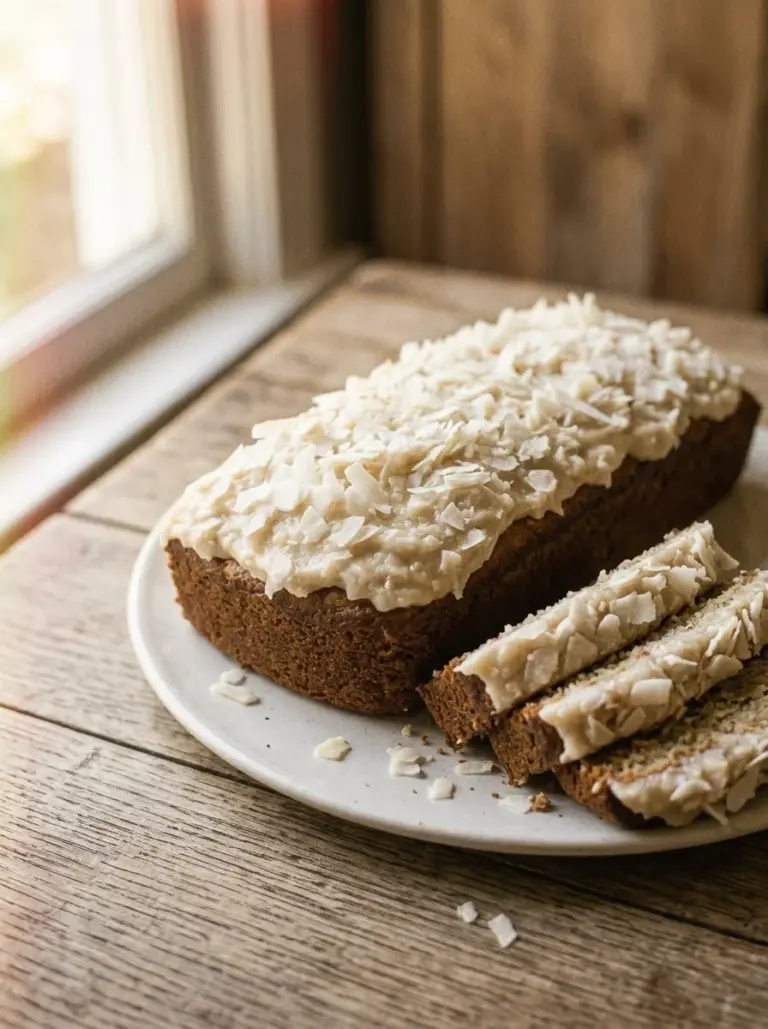 Deliciously moist coconut loaf cake ready to be served