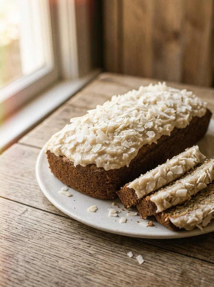 Deliciously moist coconut loaf cake ready to be served