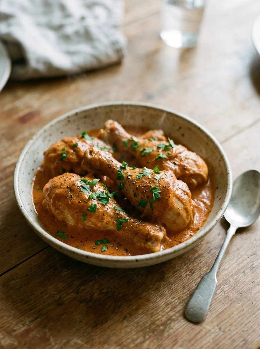 Creamy paprika chicken drumsticks dish garnished with herbs