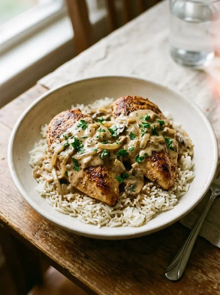 Delicious creamy smothered chicken served with rice