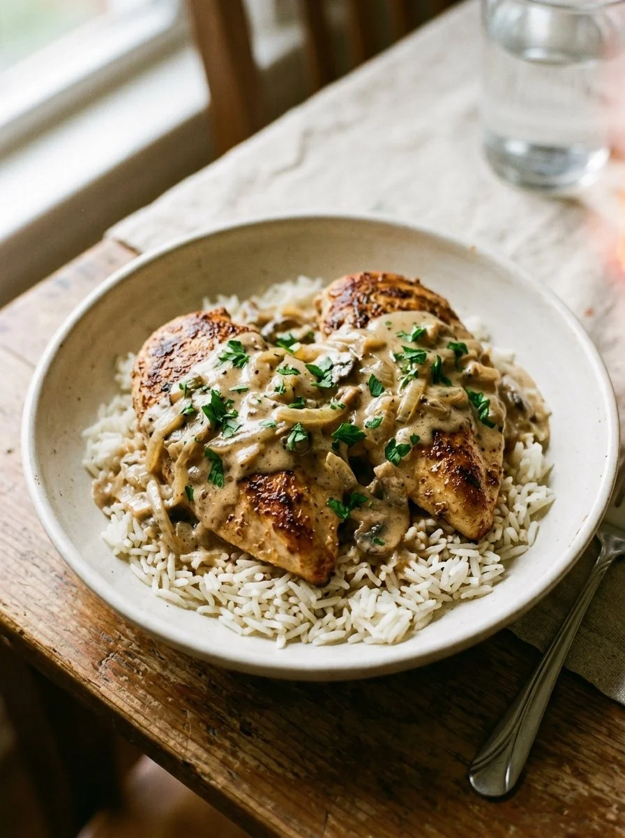 Delicious creamy smothered chicken served with rice