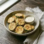 Crispy cheesy air fryer zucchini slices served on a plate