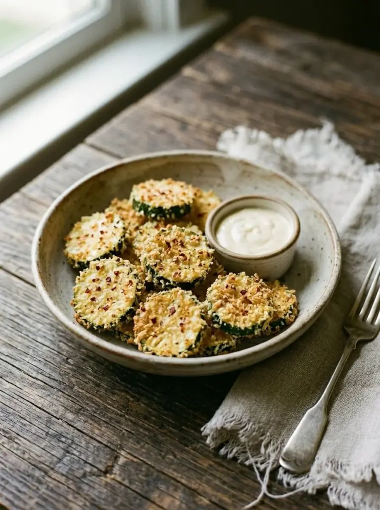 Crispy cheesy air fryer zucchini slices served on a plate