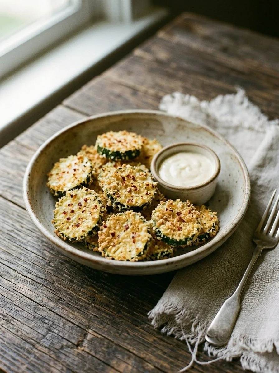 Crispy cheesy air fryer zucchini slices served on a plate