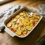 Delicious Easy Cheesy Zucchini Corn Tomato Bake served in a dish