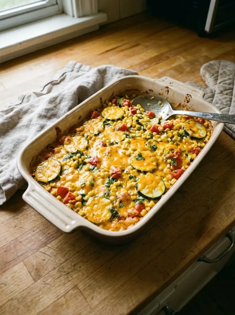 Delicious Easy Cheesy Zucchini Corn Tomato Bake served in a dish