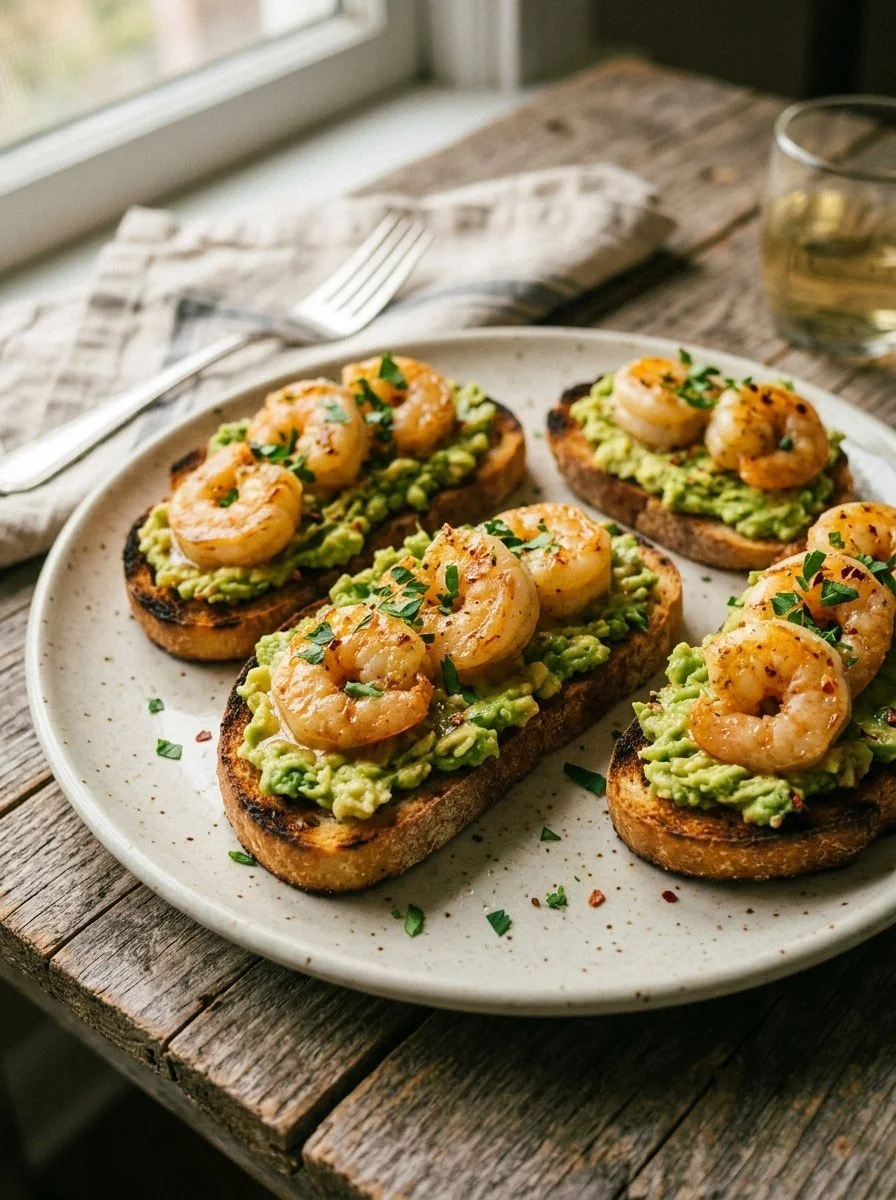Garlic Shrimp Crostini with diced avocado on toasted bread