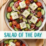 A colorful Greek Salad with tomatoes, cucumbers, feta cheese, and olives