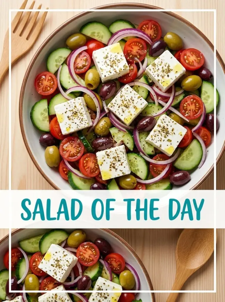 A colorful Greek Salad with tomatoes, cucumbers, feta cheese, and olives