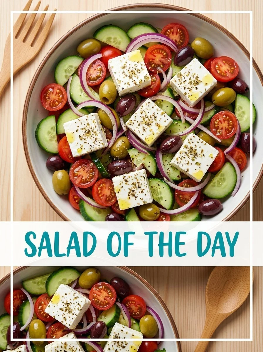 A colorful Greek Salad with tomatoes, cucumbers, feta cheese, and olives
