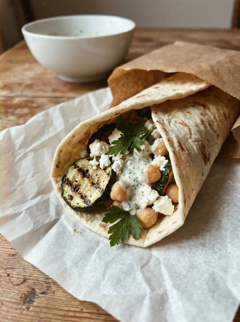 Grilled zucchini wrap with feta and chickpeas served on a plate