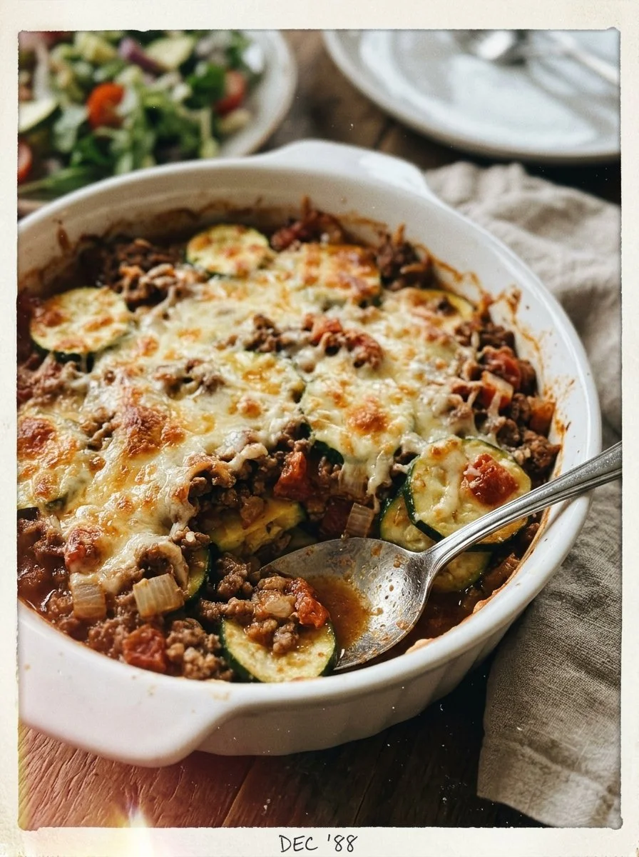 Delicious Ground Beef Zucchini Casserole baked in a dish