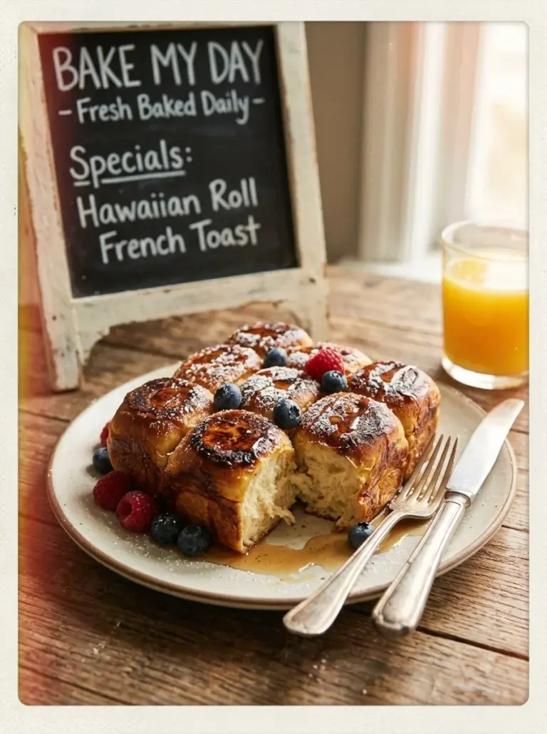 Delicious Hawaiian Roll French Toast topped with syrup and fresh berries