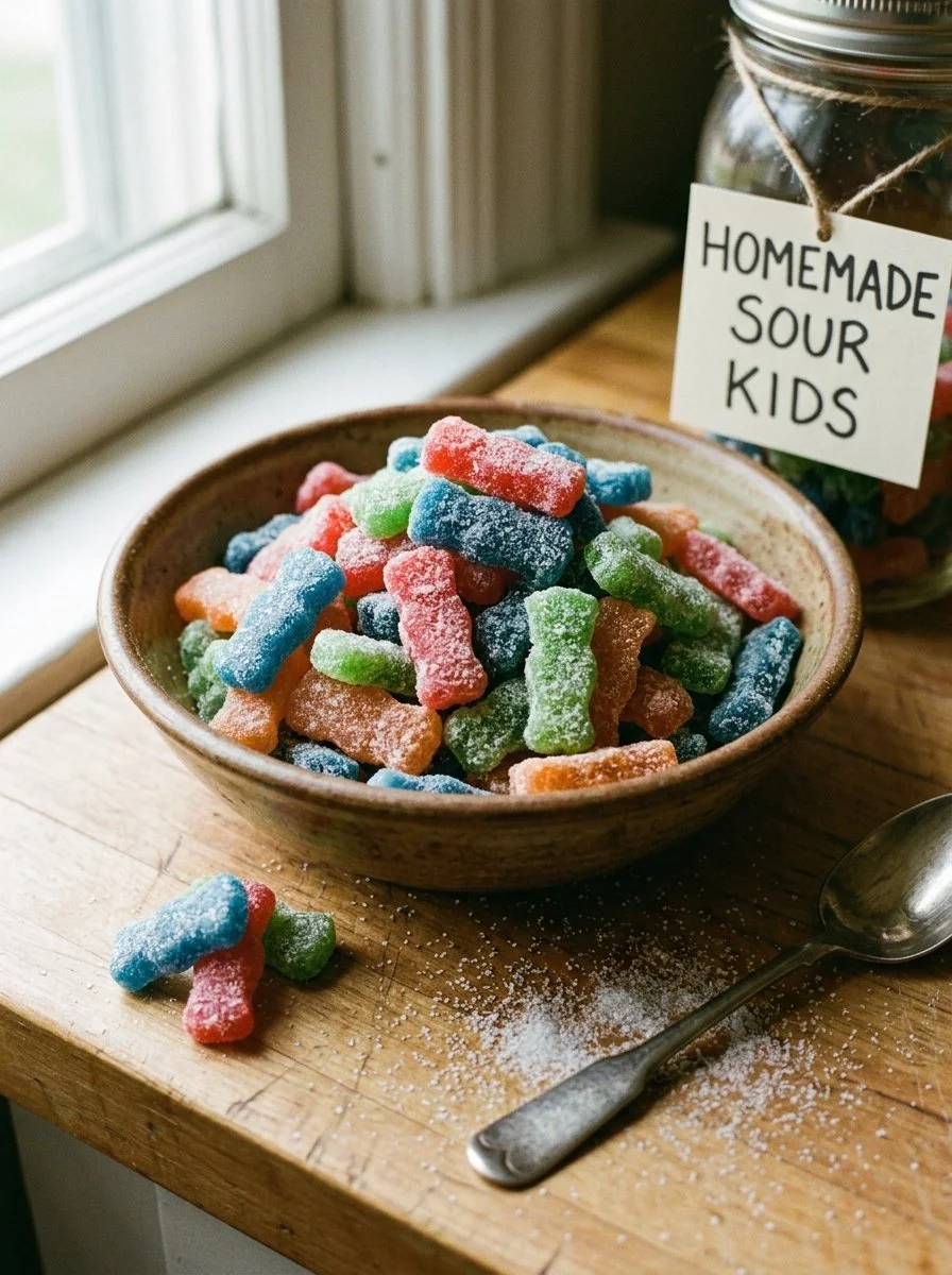 A bowl of colorful homemade Sour Patch Kids candy
