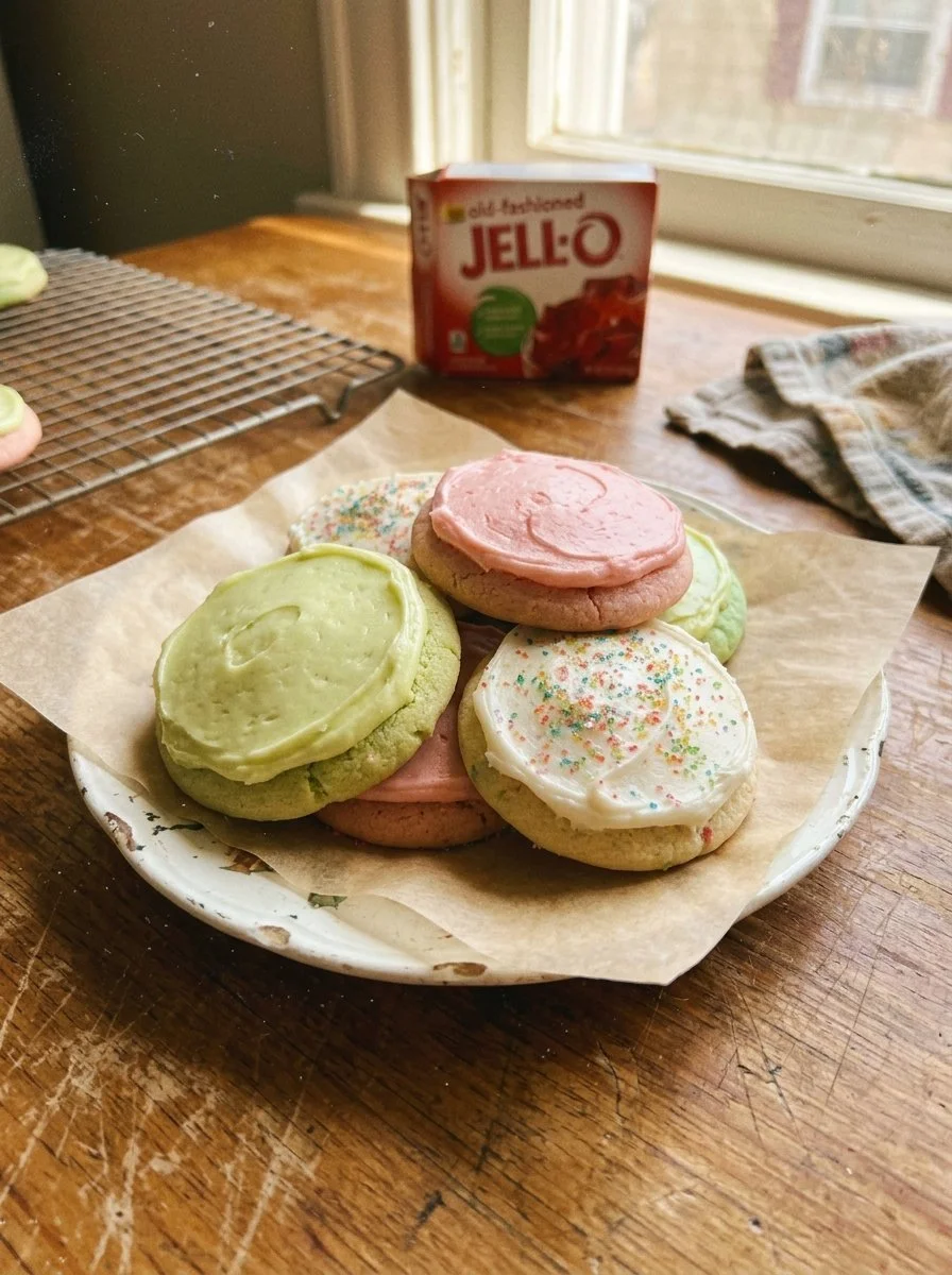 Colorful Jello Sugar Cookies on a plate, showcasing their fruity design.