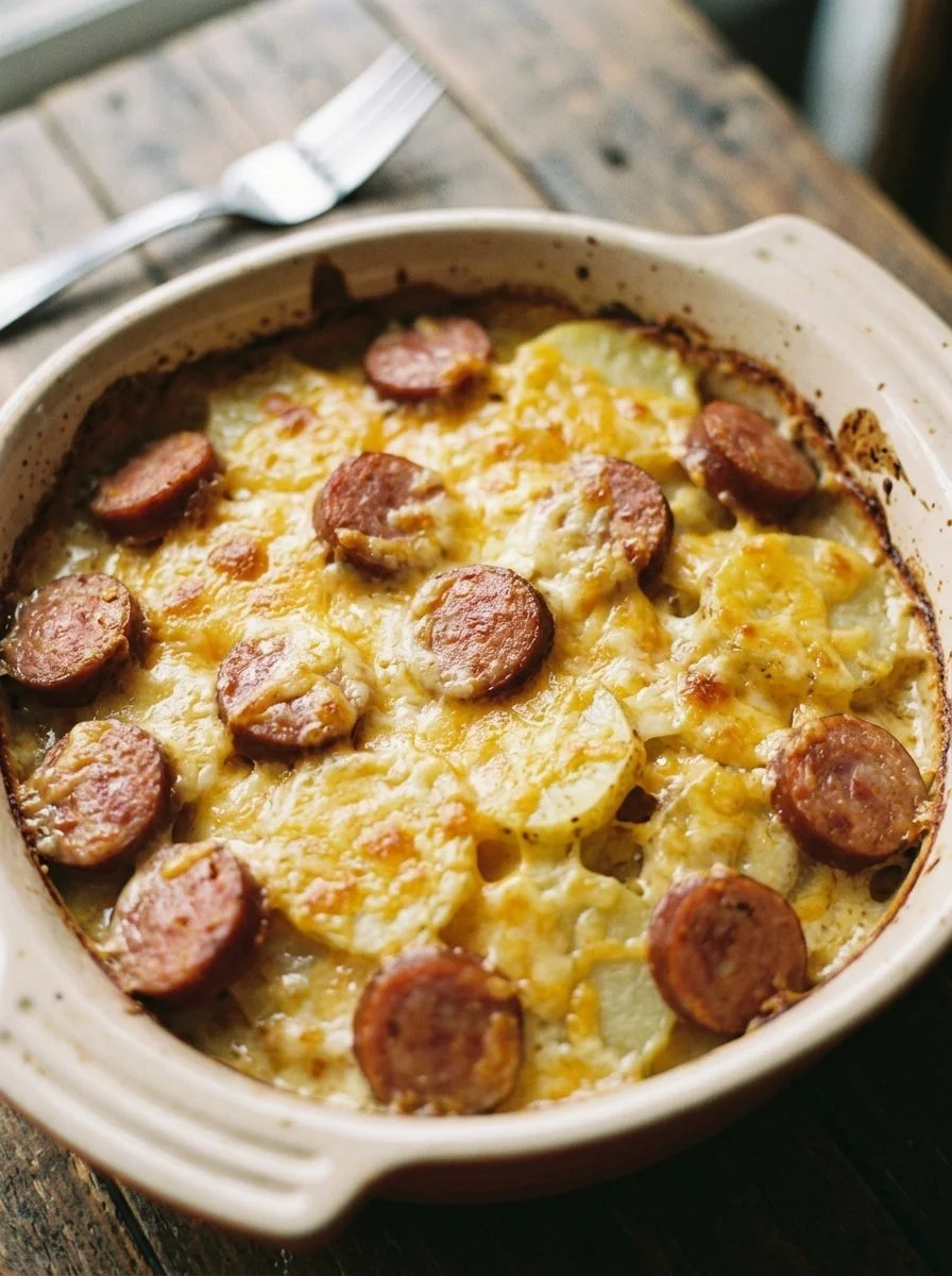 Kielbasa and Cheesy Potato Casserole dish served in a baking dish