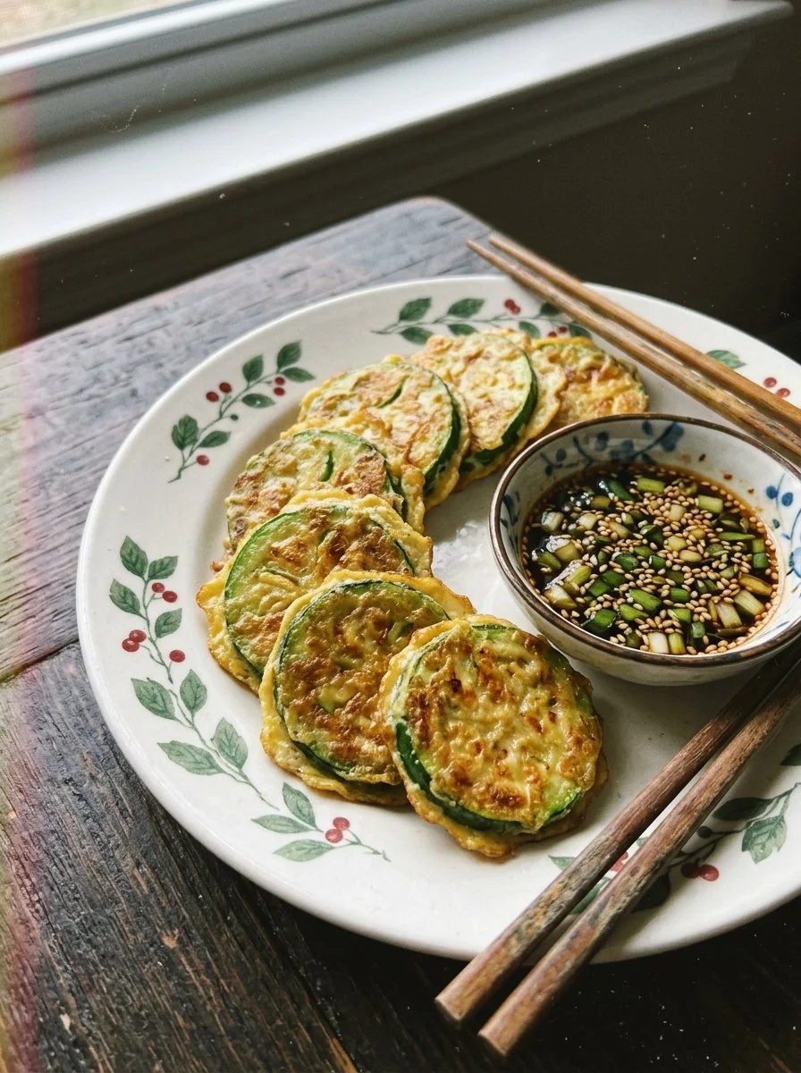 Crispy Korean Zucchini Fritters (Hobak Jeon) served on a plate