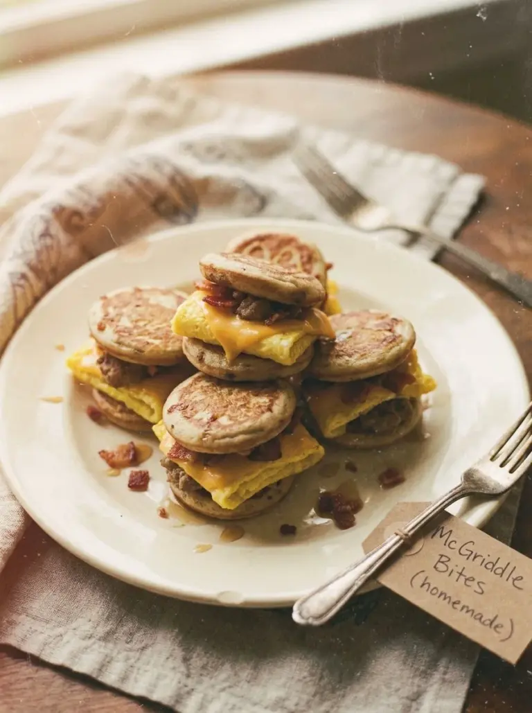 Delicious McGriddle Bites with sweet syrup and savory flavors, perfect breakfast option.