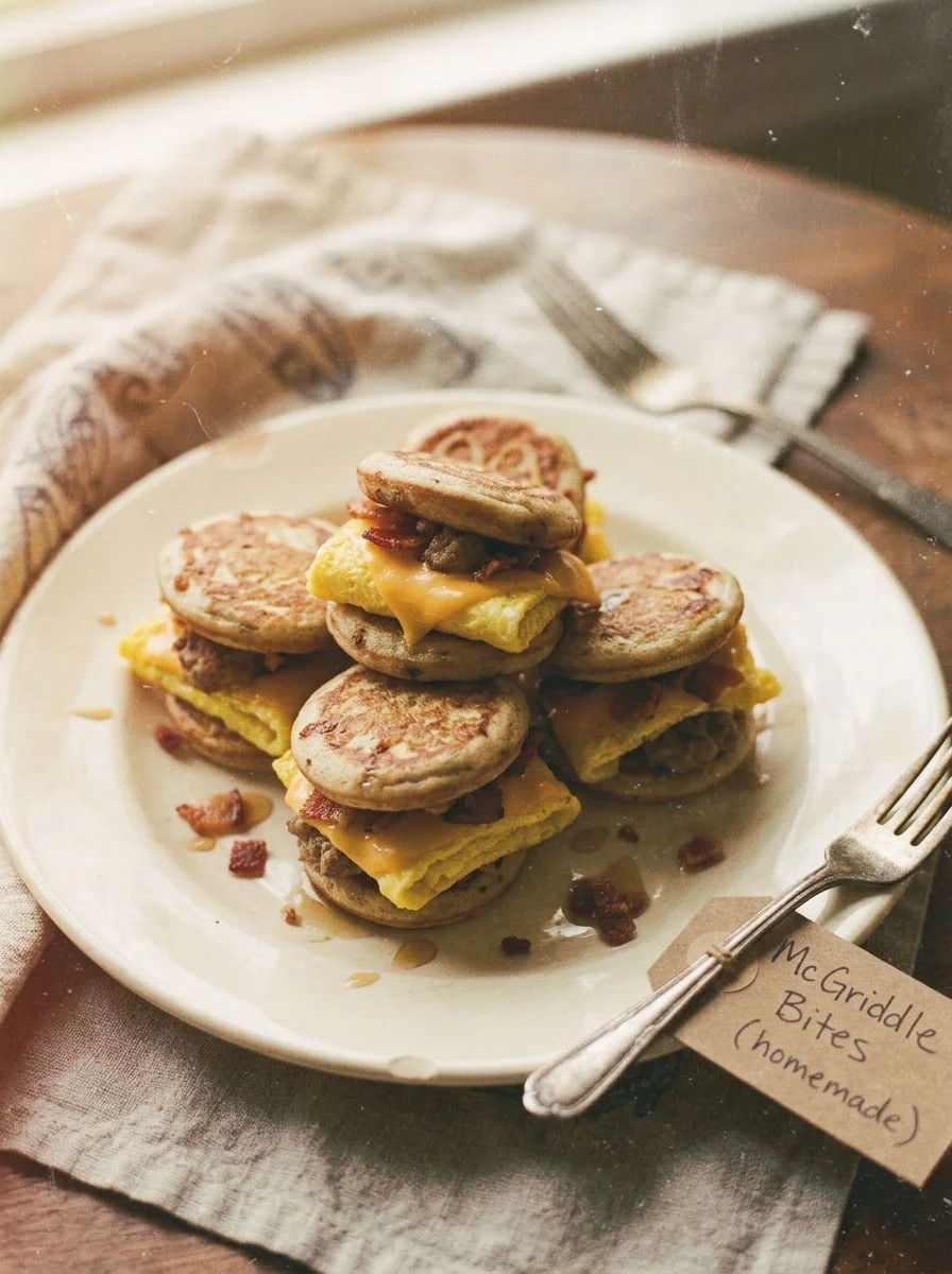 Delicious McGriddle Bites with sweet syrup and savory flavors, perfect breakfast option.