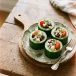 No Bake Greek Salad Cucumber Cups filled with fresh vegetables and feta cheese