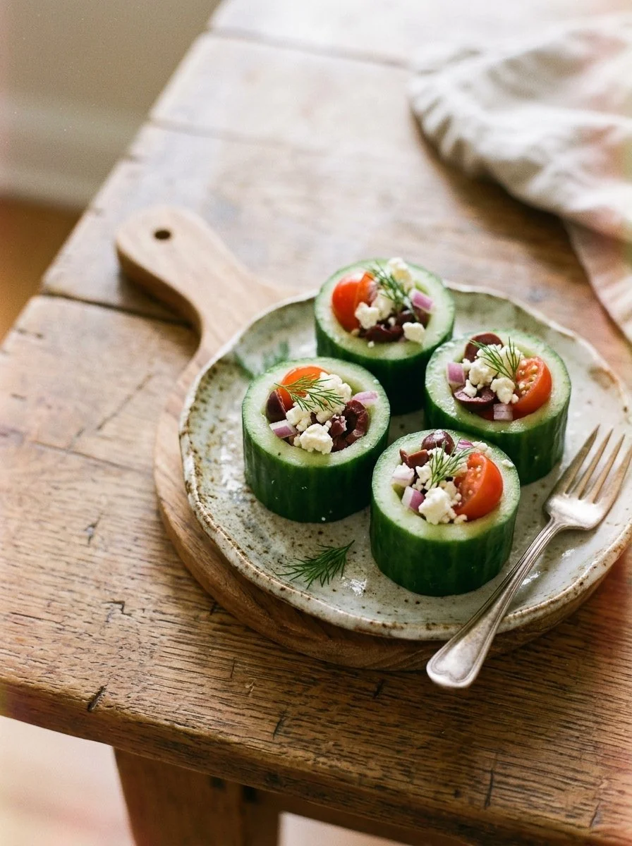 No Bake Greek Salad Cucumber Cups filled with fresh vegetables and feta cheese