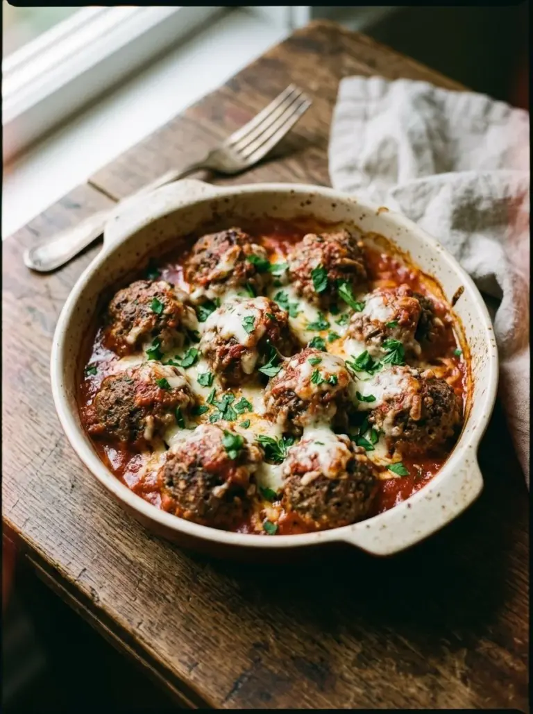 Oven baked meatballs served on a plate with sauce and garnish