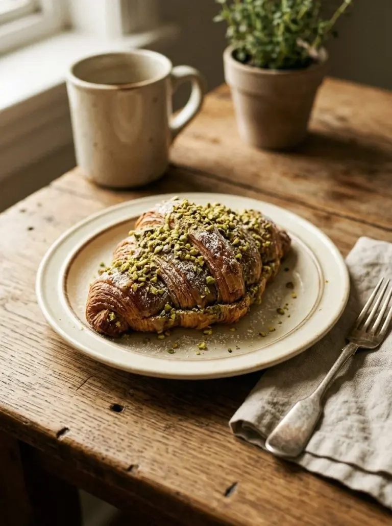 Freshly baked pistachio croissant showcasing its flaky pastry and rich green filling.