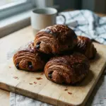 Freshly baked puff pastry chocolate croissants on a wooden table
