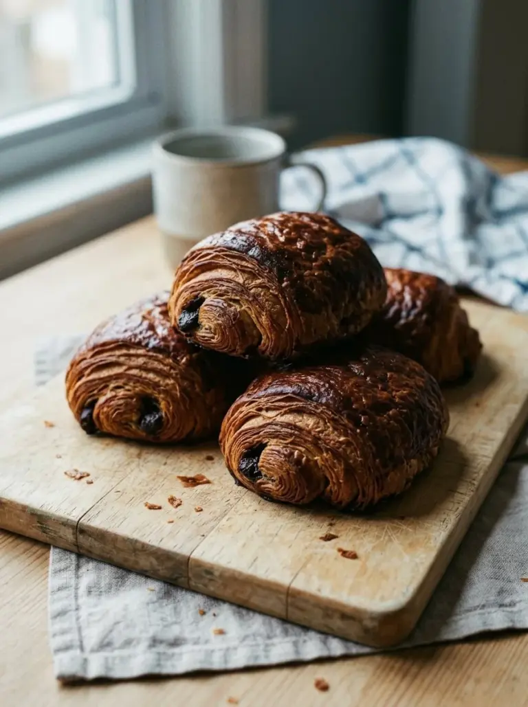 Freshly baked puff pastry chocolate croissants on a wooden table
