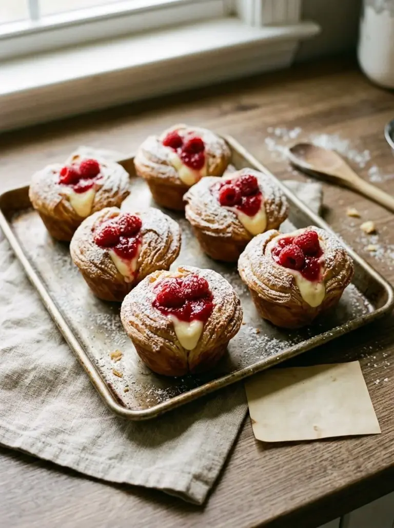 Freshly baked Raspberry Cream Cheese Cruffins with a flaky exterior and creamy filling.