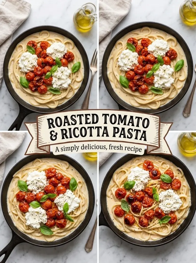 Roasted Tomato and Garlic Ricotta Pasta served in a rustic bowl with fresh basil.