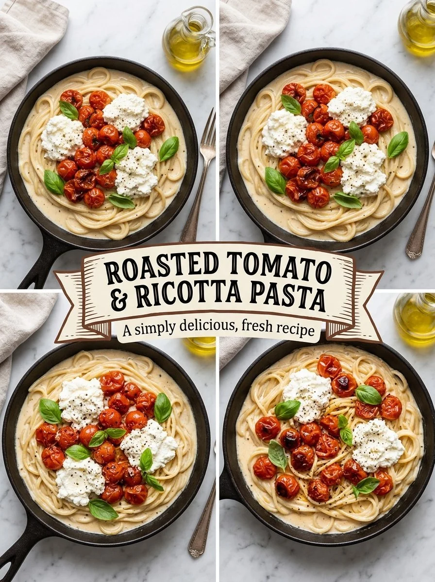 Roasted Tomato and Garlic Ricotta Pasta served in a rustic bowl with fresh basil.