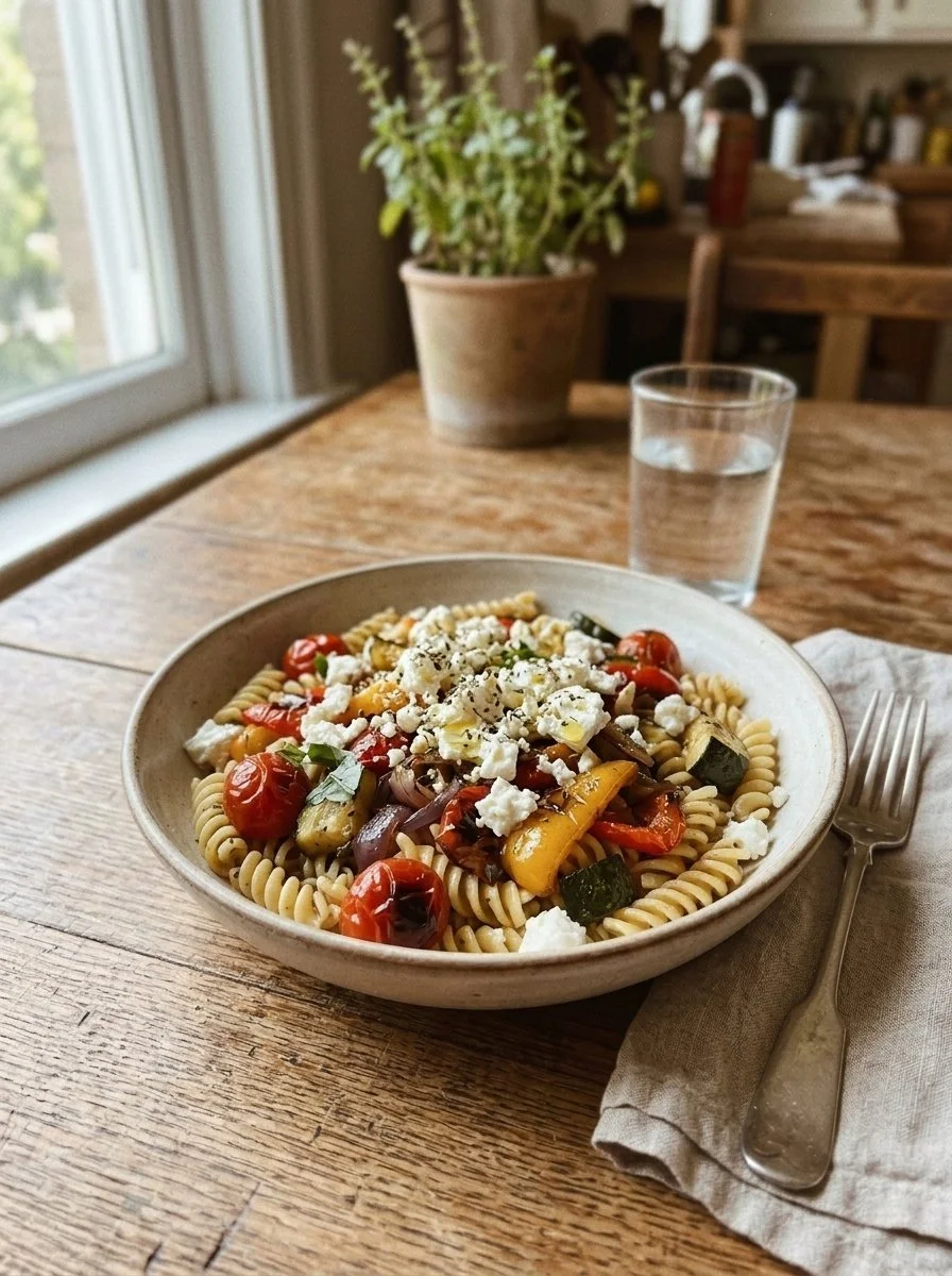 Roasted Veggie Pasta with Feta topped with fresh herbs