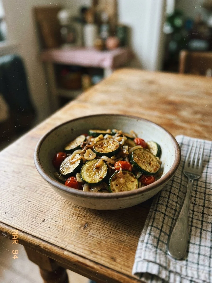 Deliciously sauteed zucchini in a skillet with herbs and spices