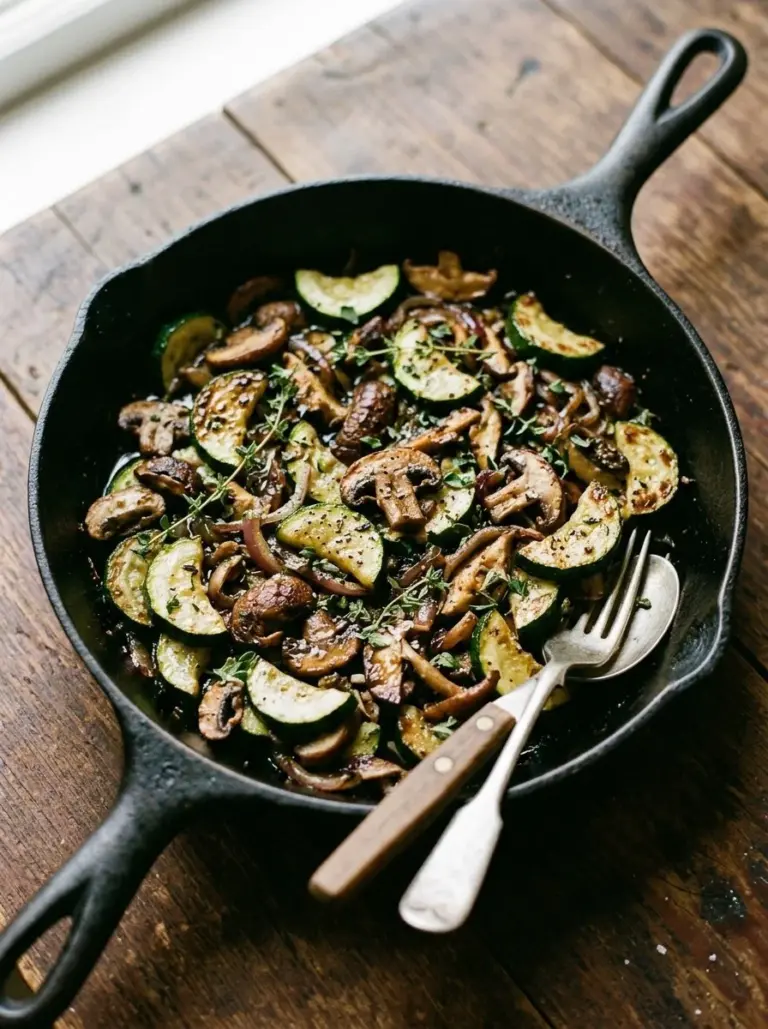 Skillet Zucchini and Mushrooms dish served in a frying pan