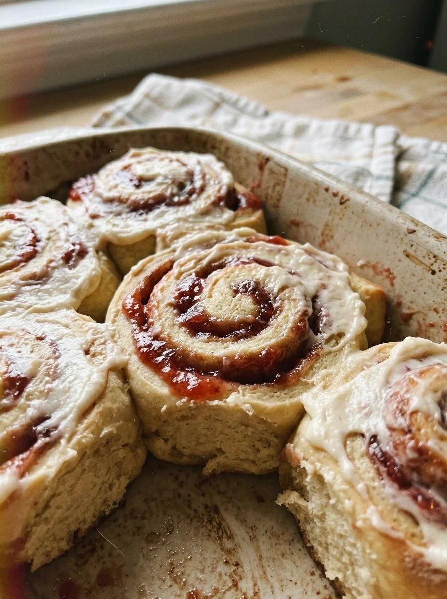 Delicious strawberry cheesecake cinnamon rolls topped with cream cheese frosting