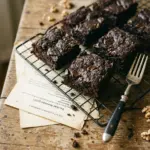 Delicious zucchini brownies topped with chocolate icing on a wooden table