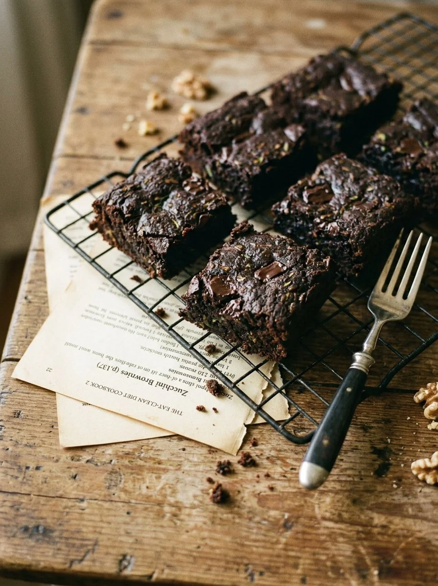 Delicious zucchini brownies topped with chocolate icing on a wooden table
