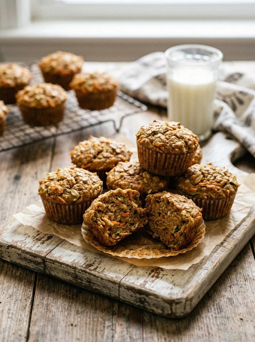 Baked Zucchini Carrot Muffins on a cooling rack, healthy snack option