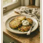 Plate of crispy homemade zucchini fritters served with dipping sauce