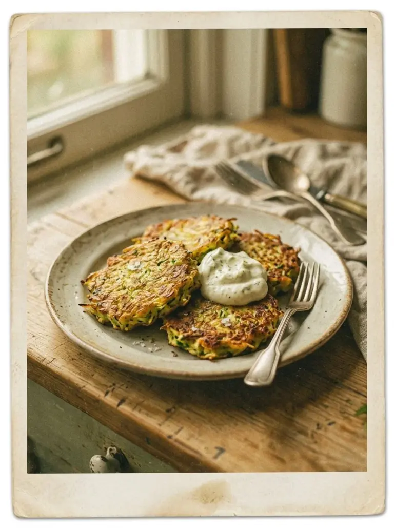 Plate of crispy homemade zucchini fritters served with dipping sauce